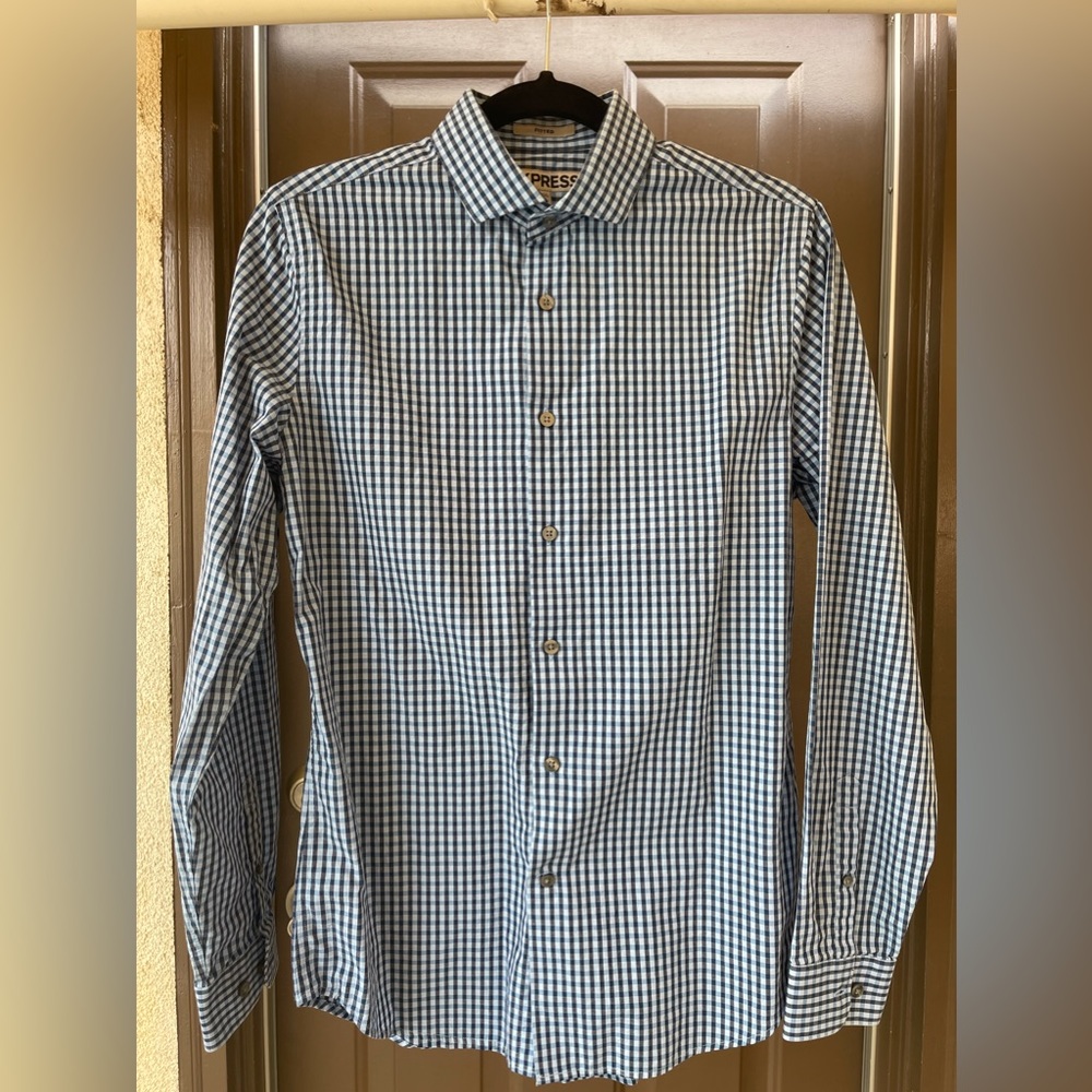 Express Fitted Blue & White Plaid Button Down Dress Shirt